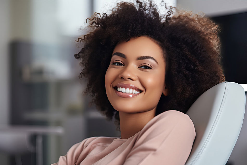 happy woman on the dental chair smiling.