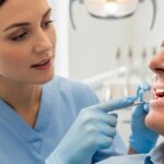 Dentist and patient discuss gum health in modern dental office.