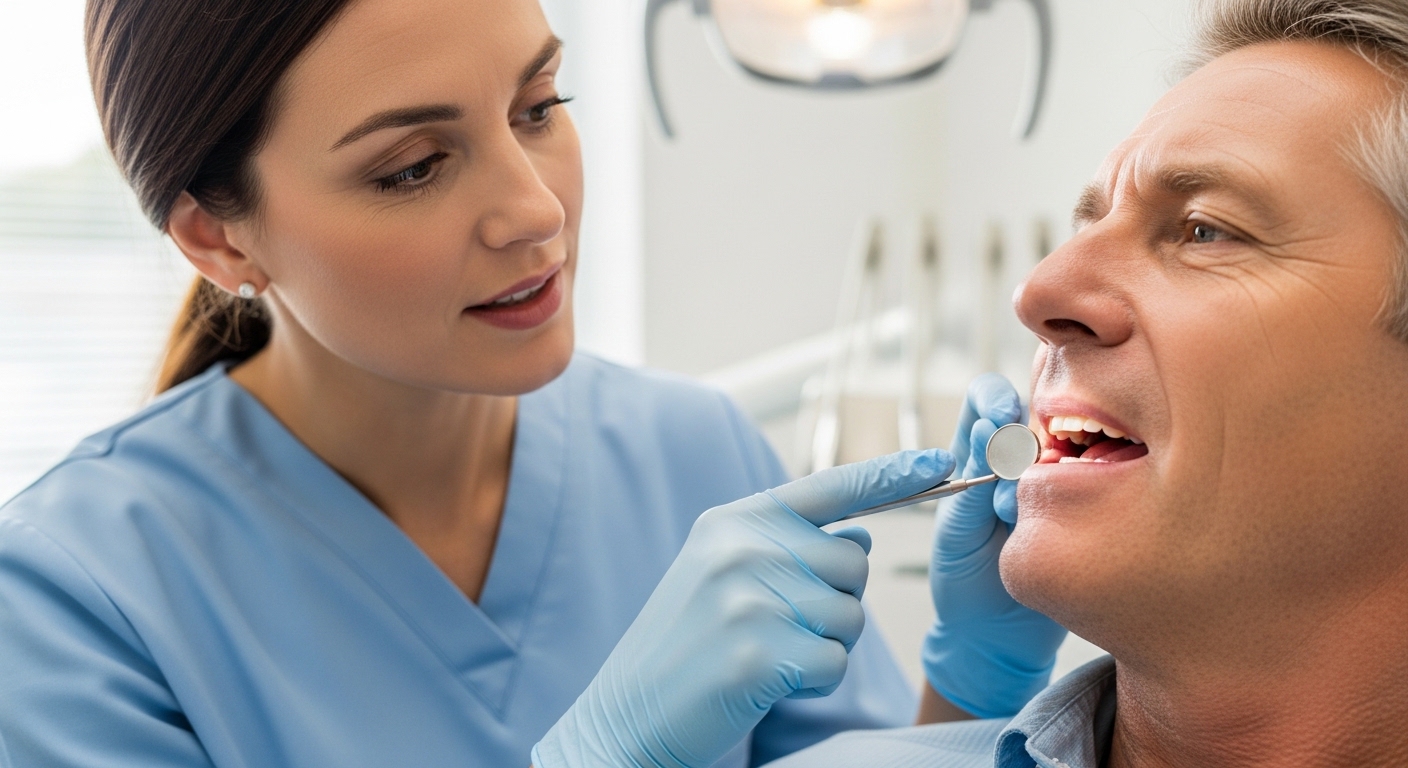 Dentist and patient discuss gum health in modern dental office.