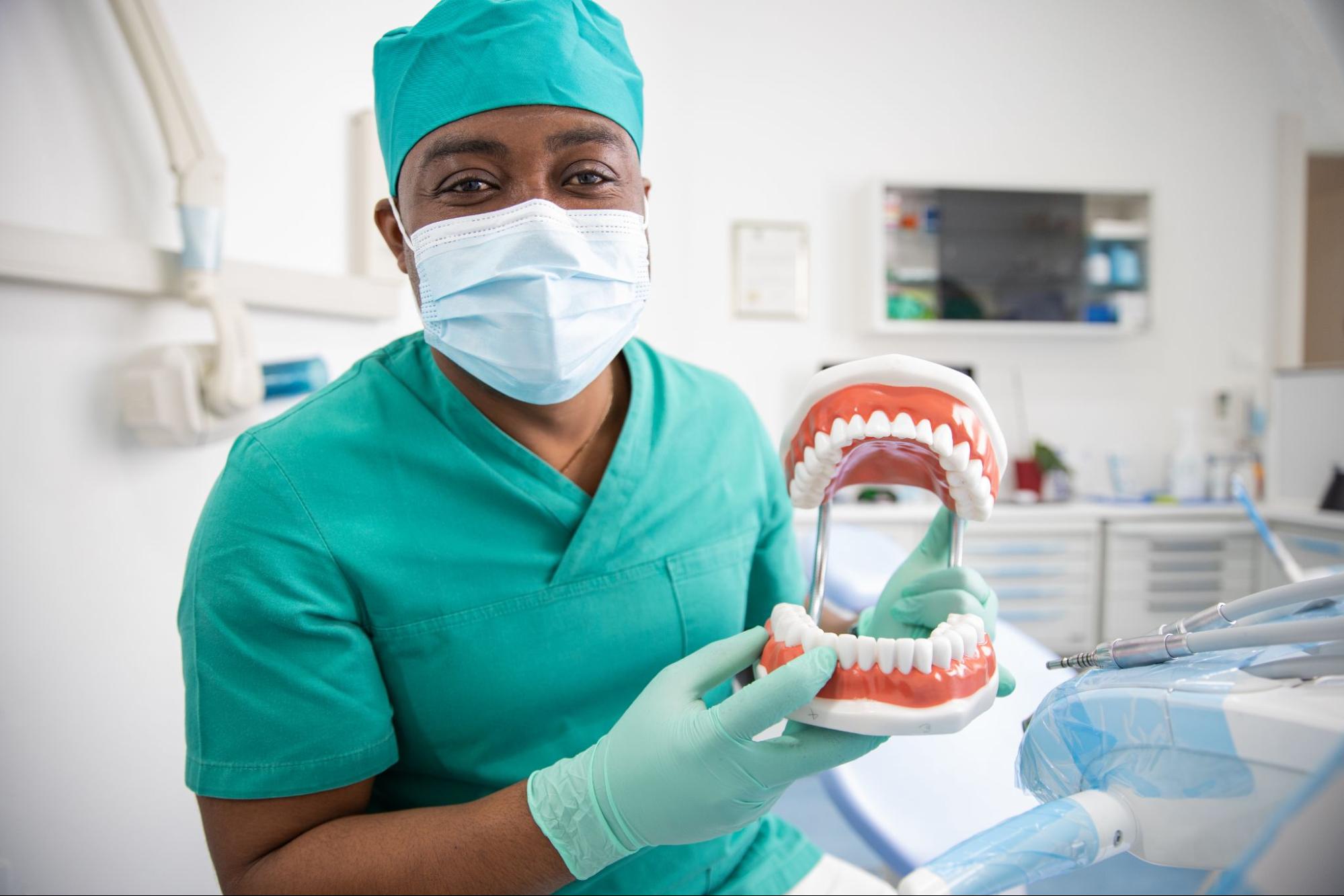 A male dentist uses a big dentition teeth model to explain the oral condition to a patient. 