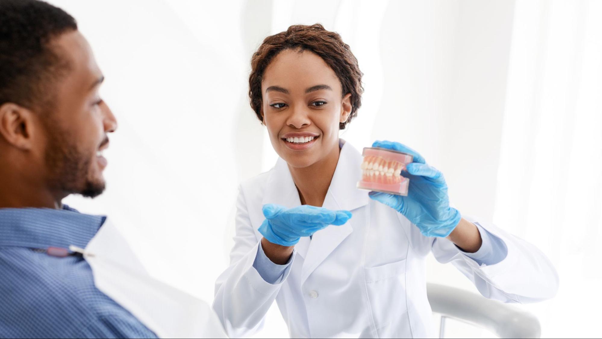 A female dentist explains the dental bridge procedure to a male patient using a plastic dental model.