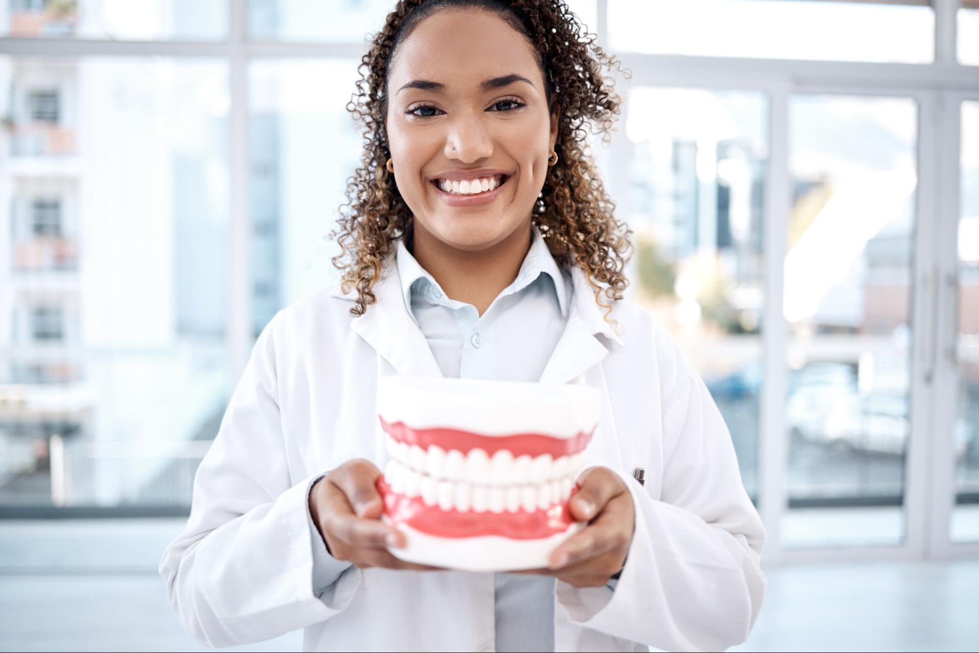 Happy dentist with a model of teeth.